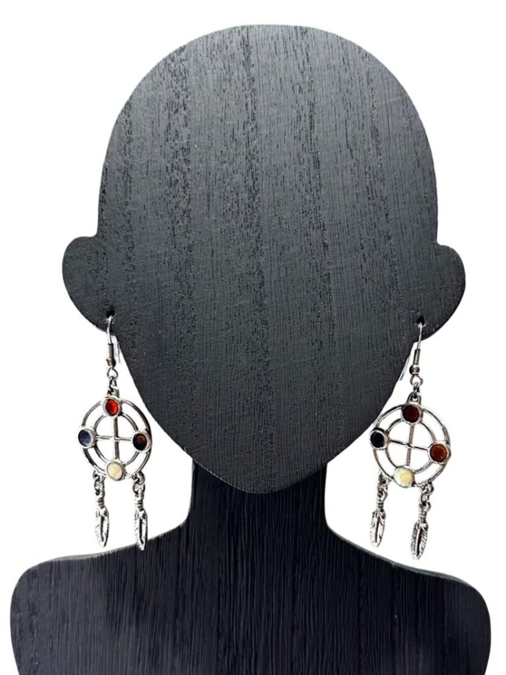 Dreamcatcher Dangle Earrings Feather Shaped Charms Silver Tone Enamel Womens